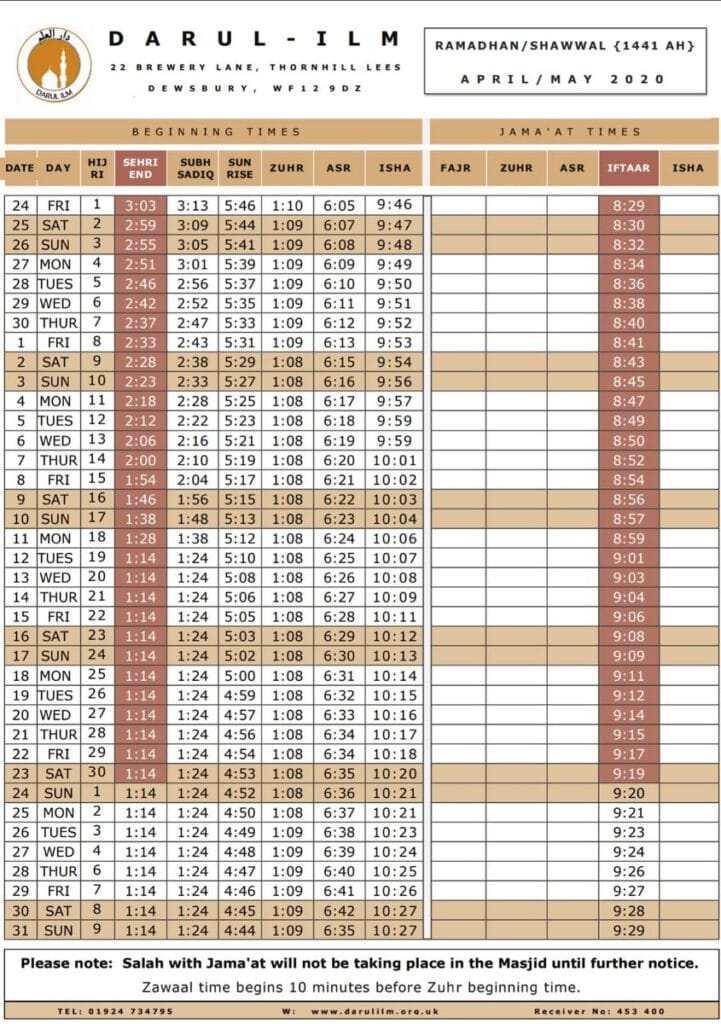 Ramadhan time table 2020